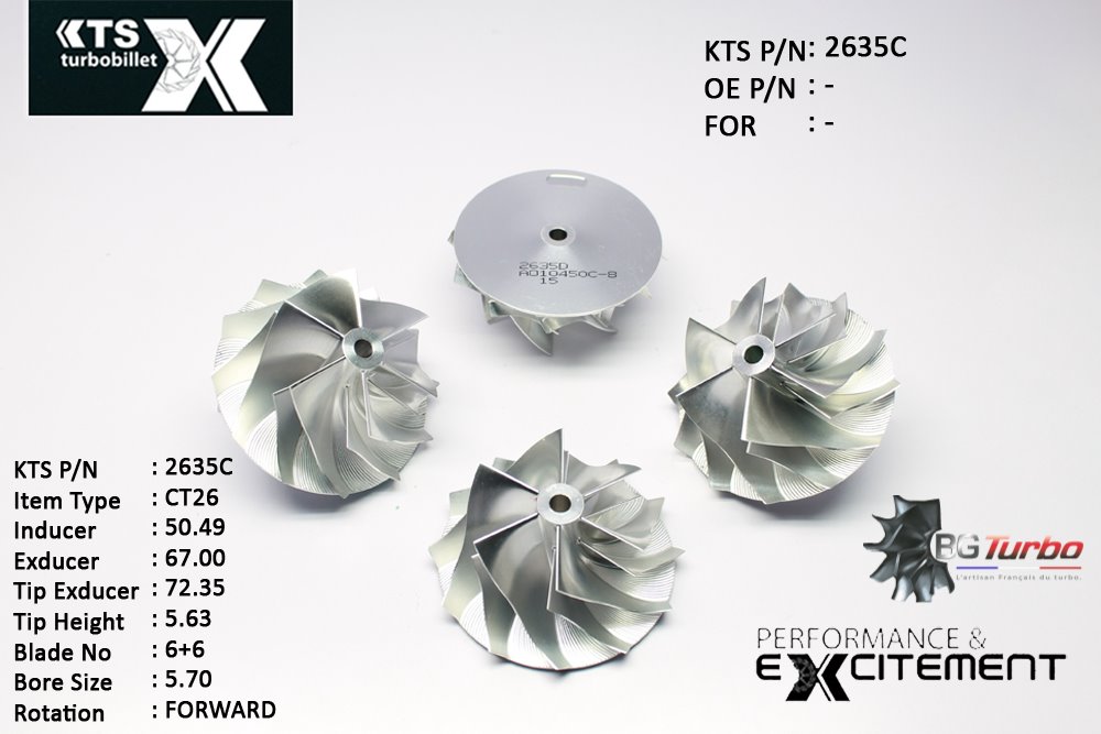 Turbo ROUE FORGÉE MFS PERFORMANCE - 6+6 PALES - INDUCER : 50,49 - EXDUCER : 67 - TYPE : CT26ANGLE : 60° - ROTATION : Forward - SUPER BACK : 1,5 - BORE SIZE : 5,7
